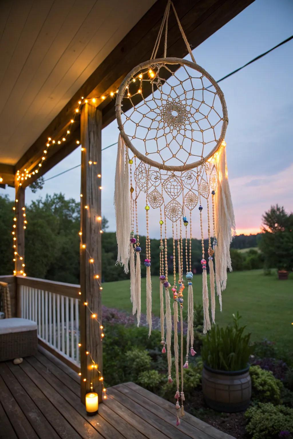 Light up your outdoor area with a hint of bohemian grace: a dreamcatcher chandelier that captures serenity and style.