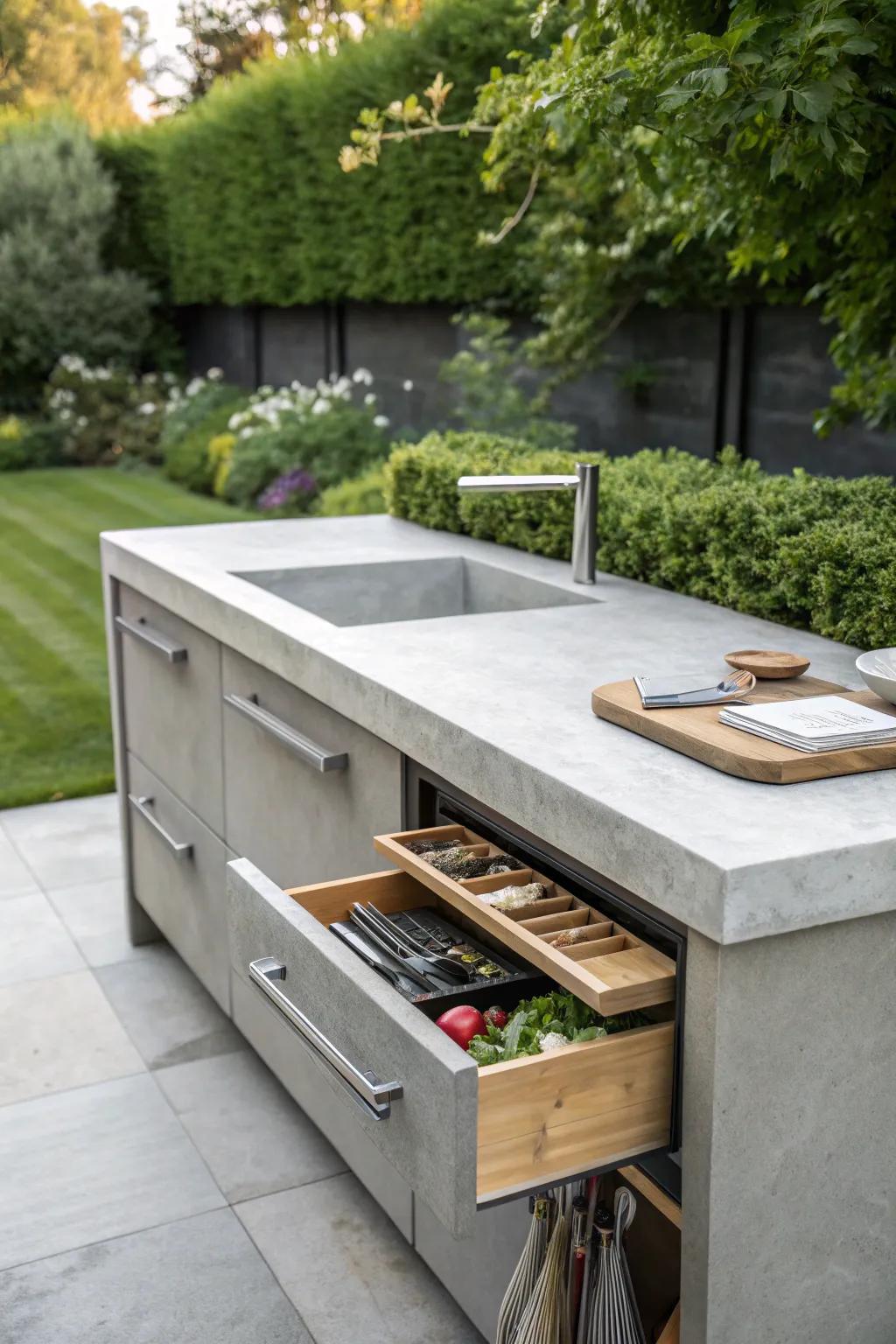 Enhance your outdoor space with this stylish and practical solid stone countertop featuring hidden storage solutions.
