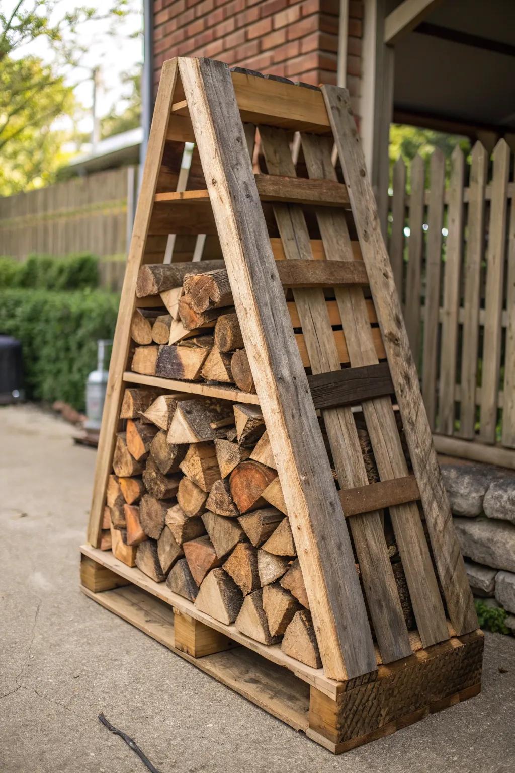 Elevate your firewood storage with this ingeniously crafted angled pallet rack.