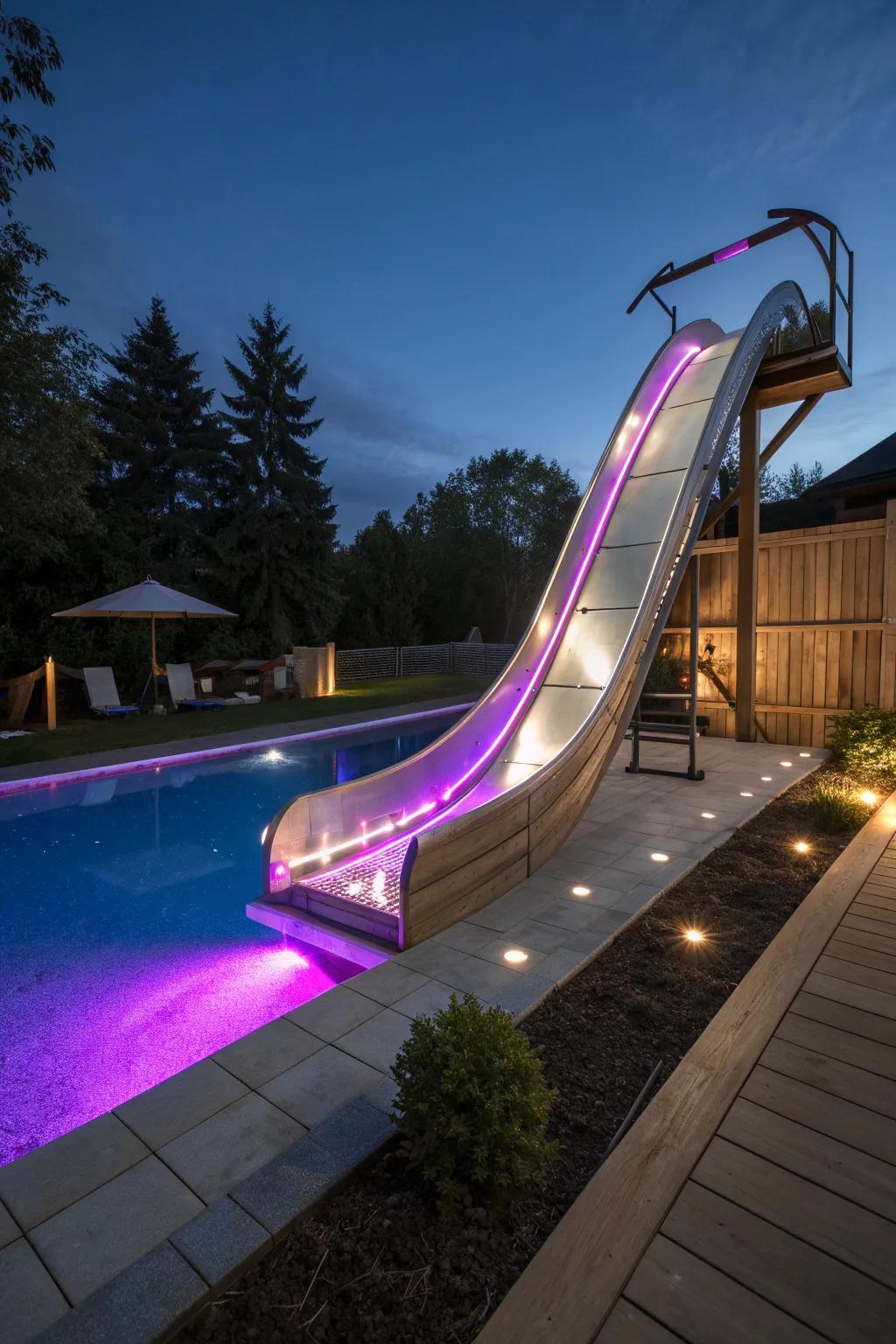 Alter your backyard into a captivating sanctuary with a DIY pool slide brightened by breathtaking light-emitting diode illumination.