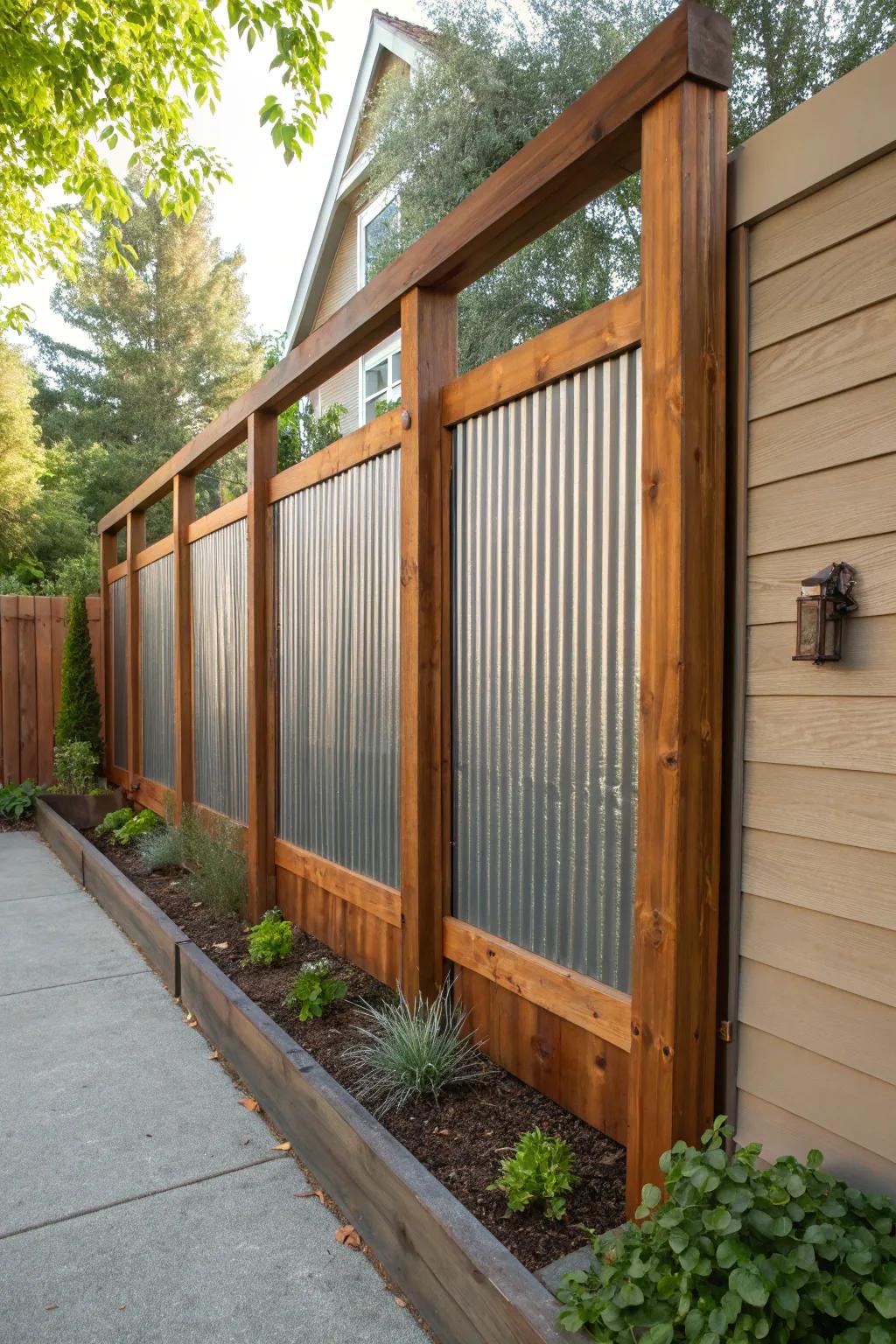 Elevate your garden with a striking corrugated metal screen encased in cedar for an industrial yet organic impression.