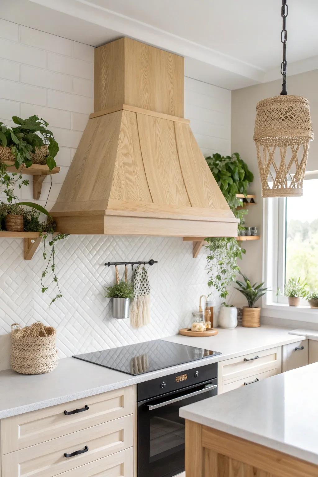 Infuse your kitchen with a blend of nature and sophistication through this DIY range hood cover and suspended plants.