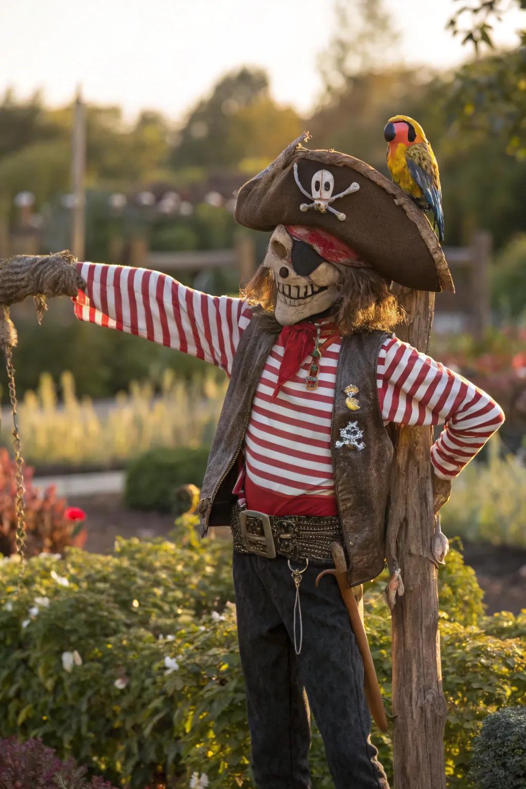 A pirate scarecrow cruising your garden's seas with finesse and flair. ☠🦜 #DIYScarecrow #Craftsmanship