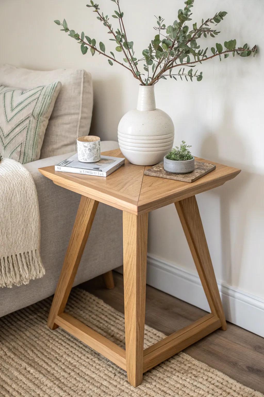 Trim Ingenuity: Uplift your dwelling with this charming, handcrafted triangular side table.