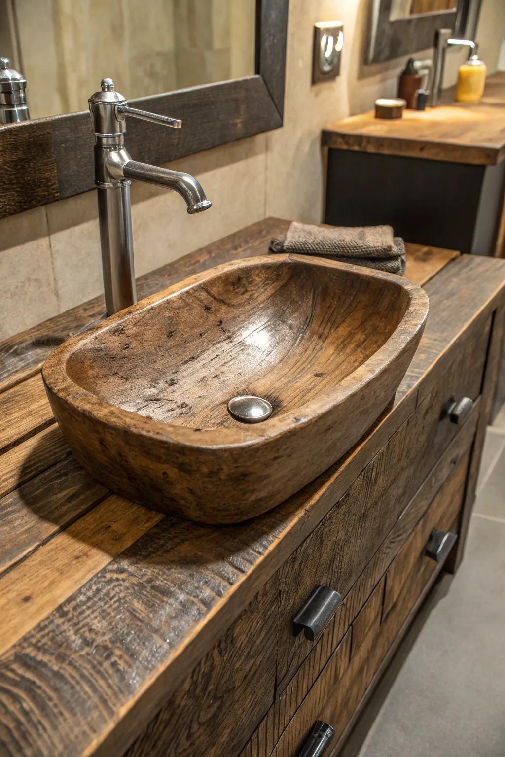 Elevate your area with the enduring charm of a repurposed timber sink—where background aligns with artistry.