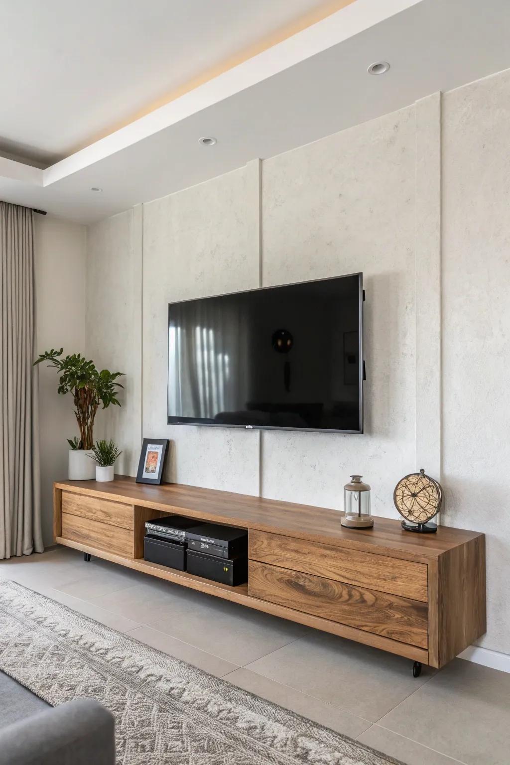 Transform your space through austere sophistication: pristine contours and artistry converge within this unconfined and ethereal television partition blueprint.