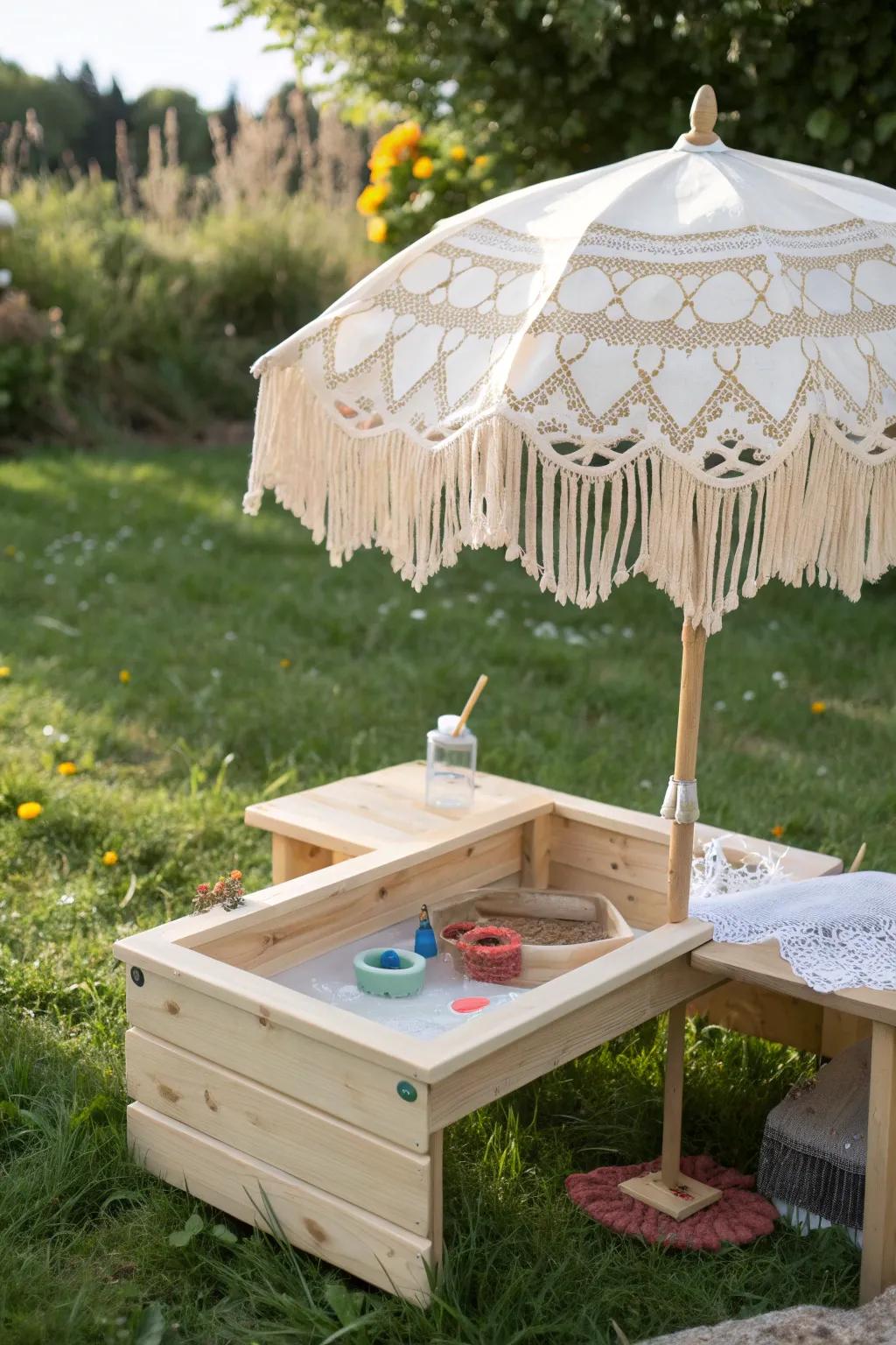 Enhance outdoor play with an endearing DIY water table, augmented by a chic umbrella for shade and flair.