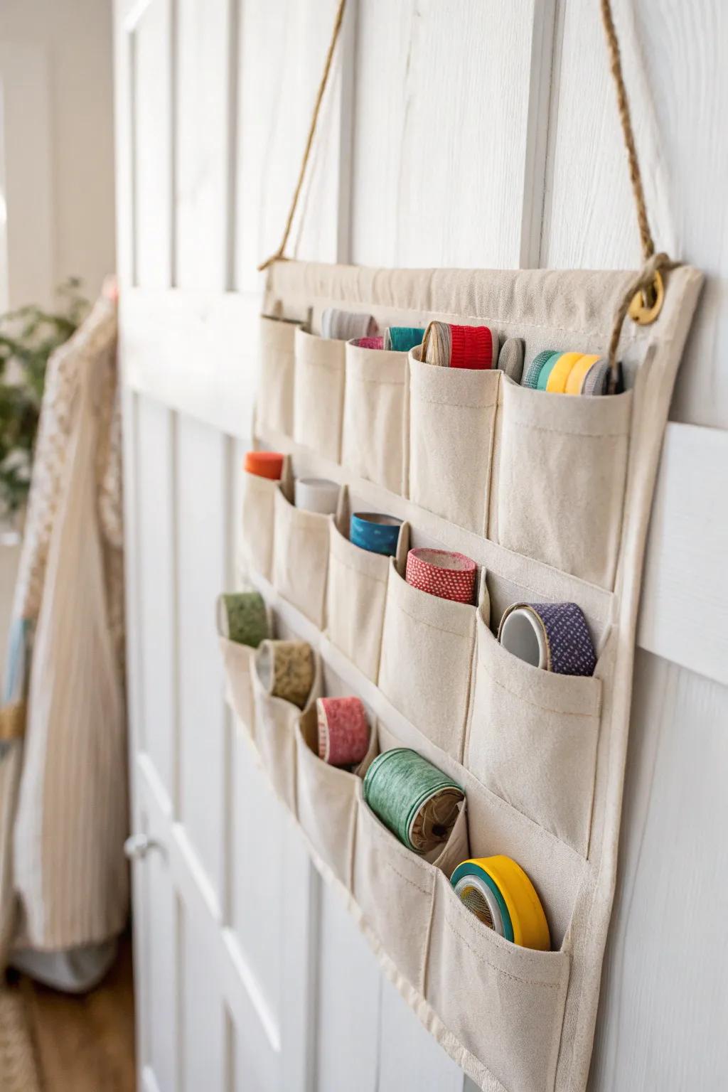 Turn an old footwear holder into an elegant adhesive material display that is both useful and fashionable!