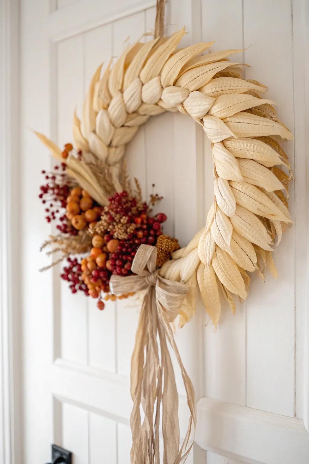 Celebrate autumn's countryside enchantment through a handcrafted maize husk ornament, adorned with delicate desiccated flora, delivering an element of organic elegance.