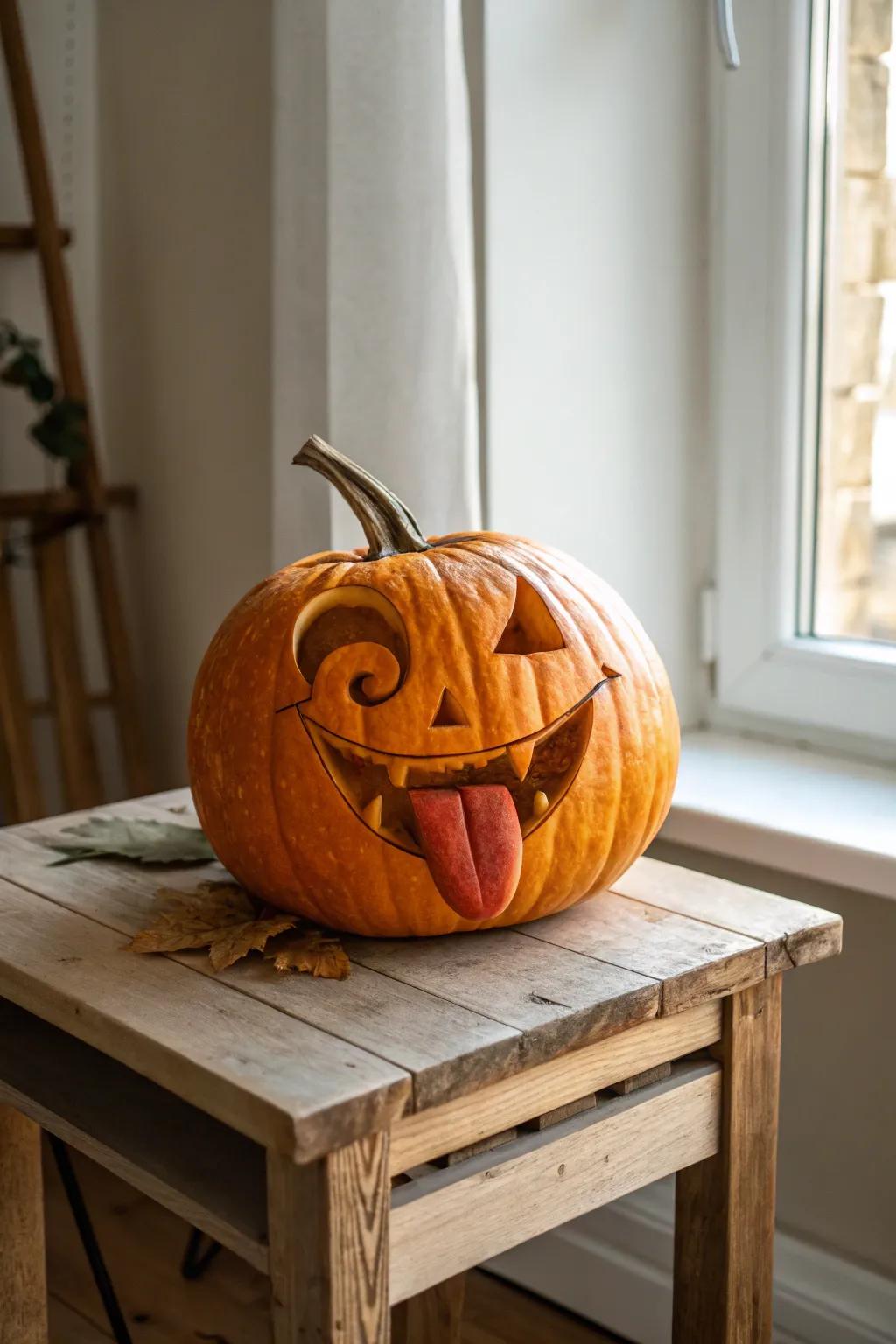 Append a playful inflection onto your All Hallows’ Eve ornamentation via this protruding tongue gourd carving!
