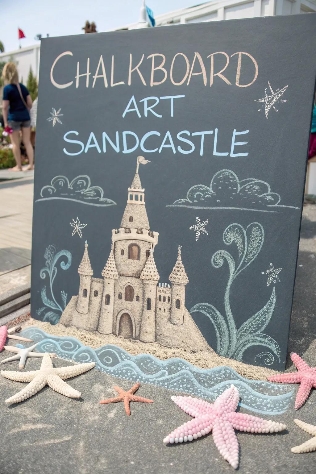 Convey the beach home with charming sandcastle chalk artistry—perfect for your summer get-togethers!