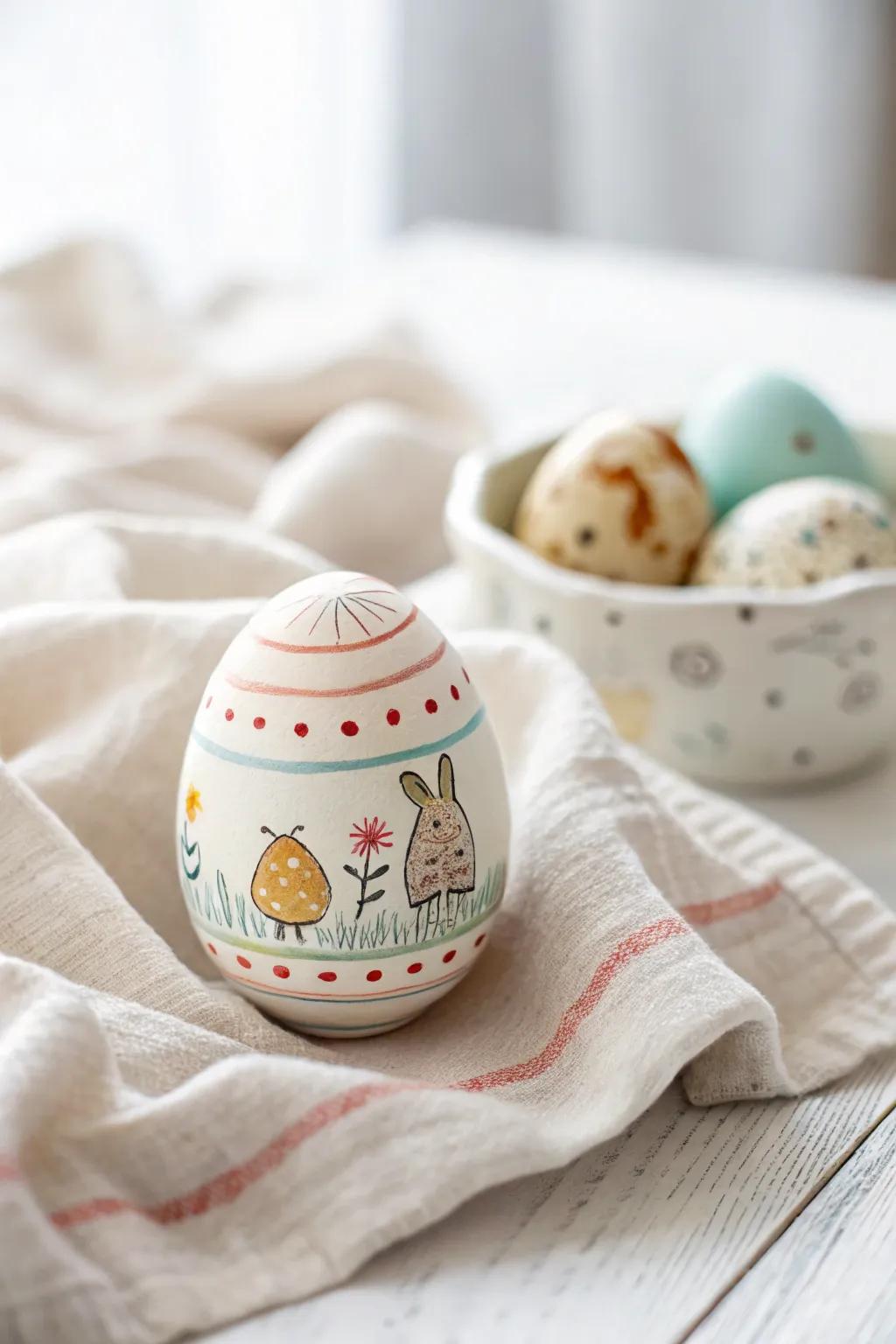 Explore the art of combined aesthetics: lines, spots, and figures create magic on a single egg.