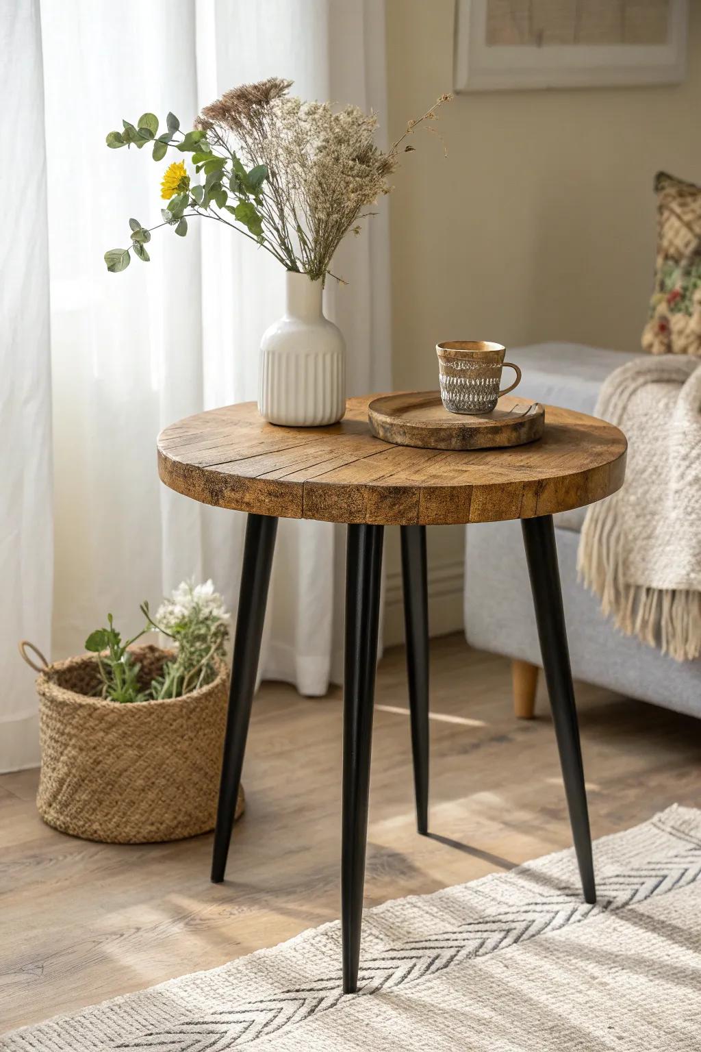 Transform your area through a chic end table, beautifully merging unrefined timber with sleek varnish for a stylish, eclectic vibe.