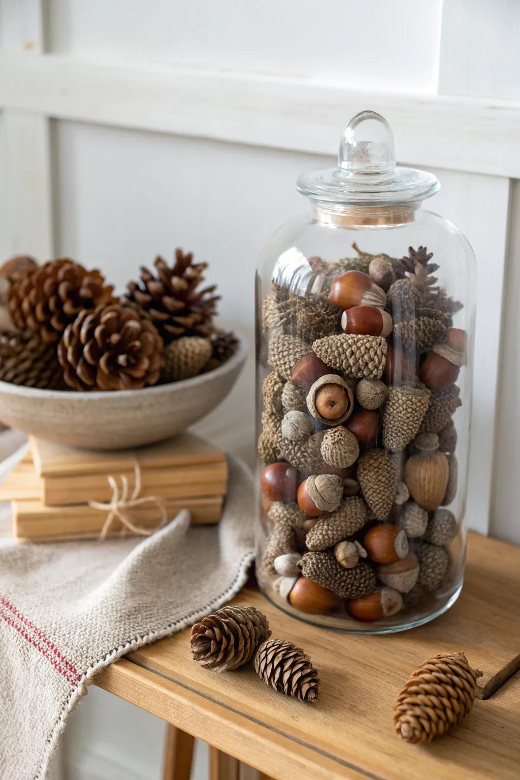 Bring the beauty of nature indoors with this elegantly simple estimation jar filled with acorns and pinecones. 🍂 #ScandinavianMinimalism #NaturalElegance
