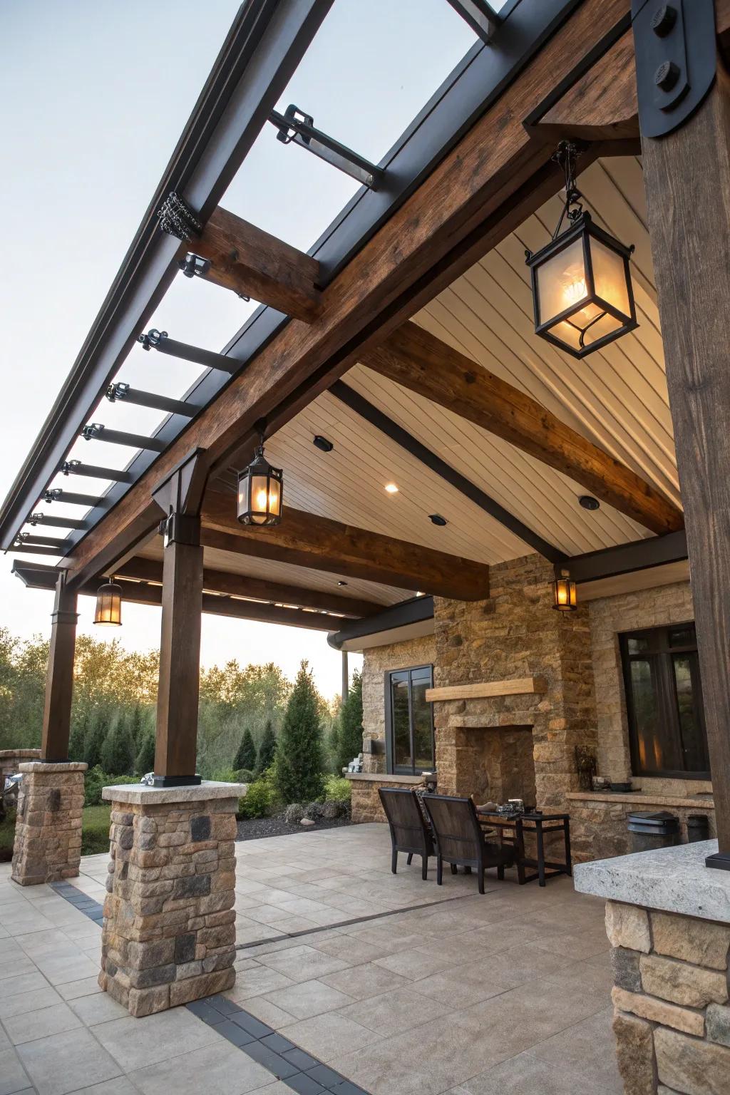 Experience the art of artistry with this intimate material mélange patio roof.