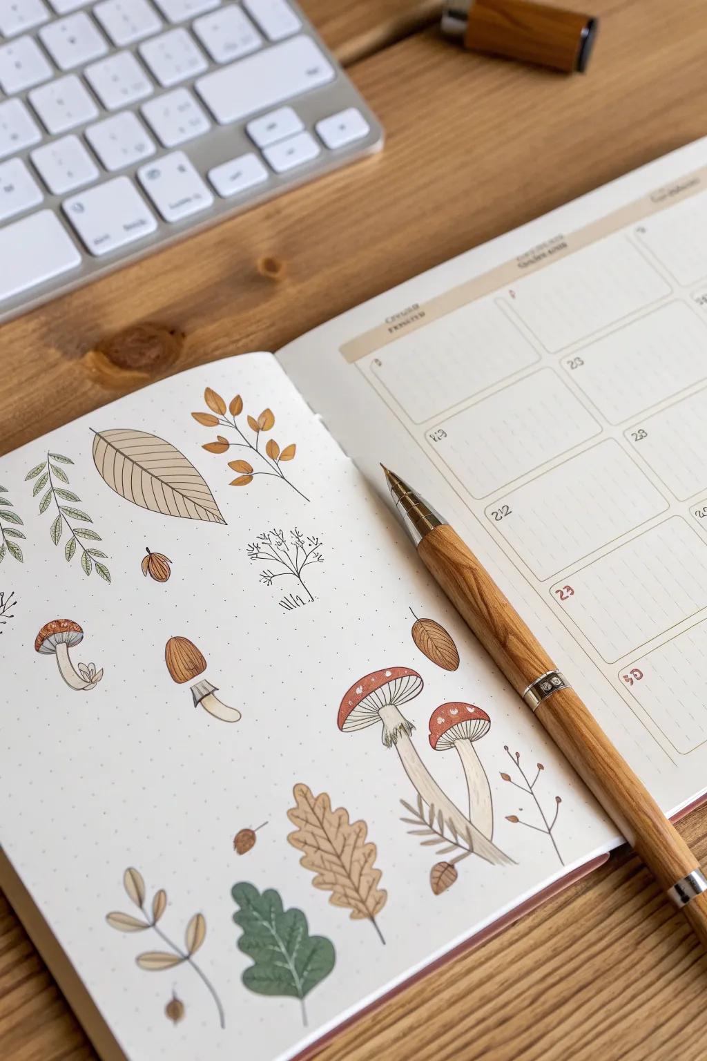 Embrace woodland whimsy with a fungus-themed monthly planner, merging minimalist refinement with boho allure.
