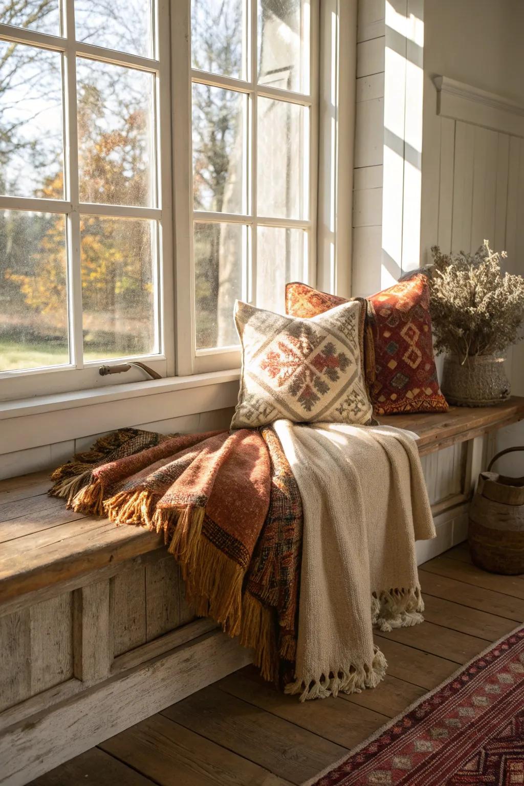 Craft your ideal reading escape with a cozy farmhouse bench by a sunlit window.