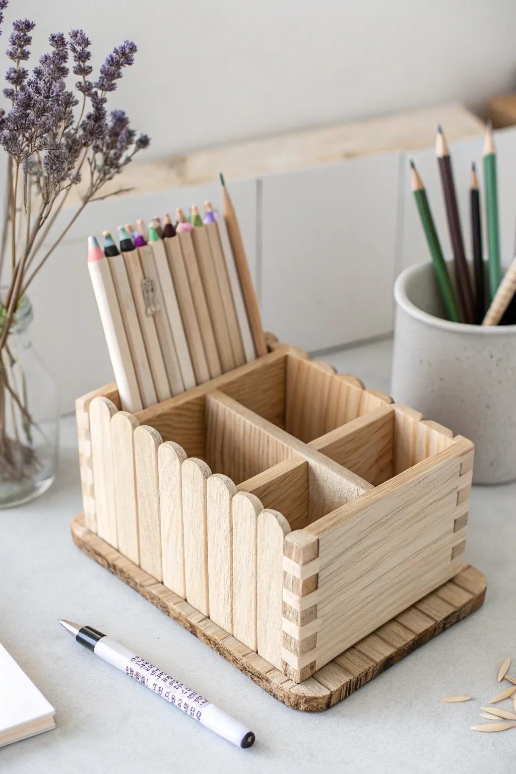 Made with love: A popsicle stick desk organizer to keep Dad's desk stylishly organized. #FathersDay #MinimalistDesign #HandmadeGift