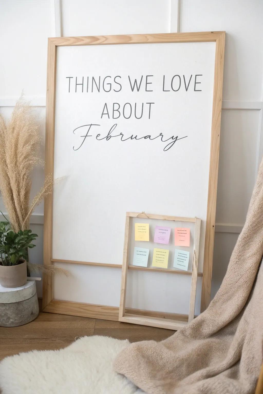 Cultivate a society of warmth and affection this February with an interactive memo board that entices everyone to communicate their favored aspects of the month. 🌿✨