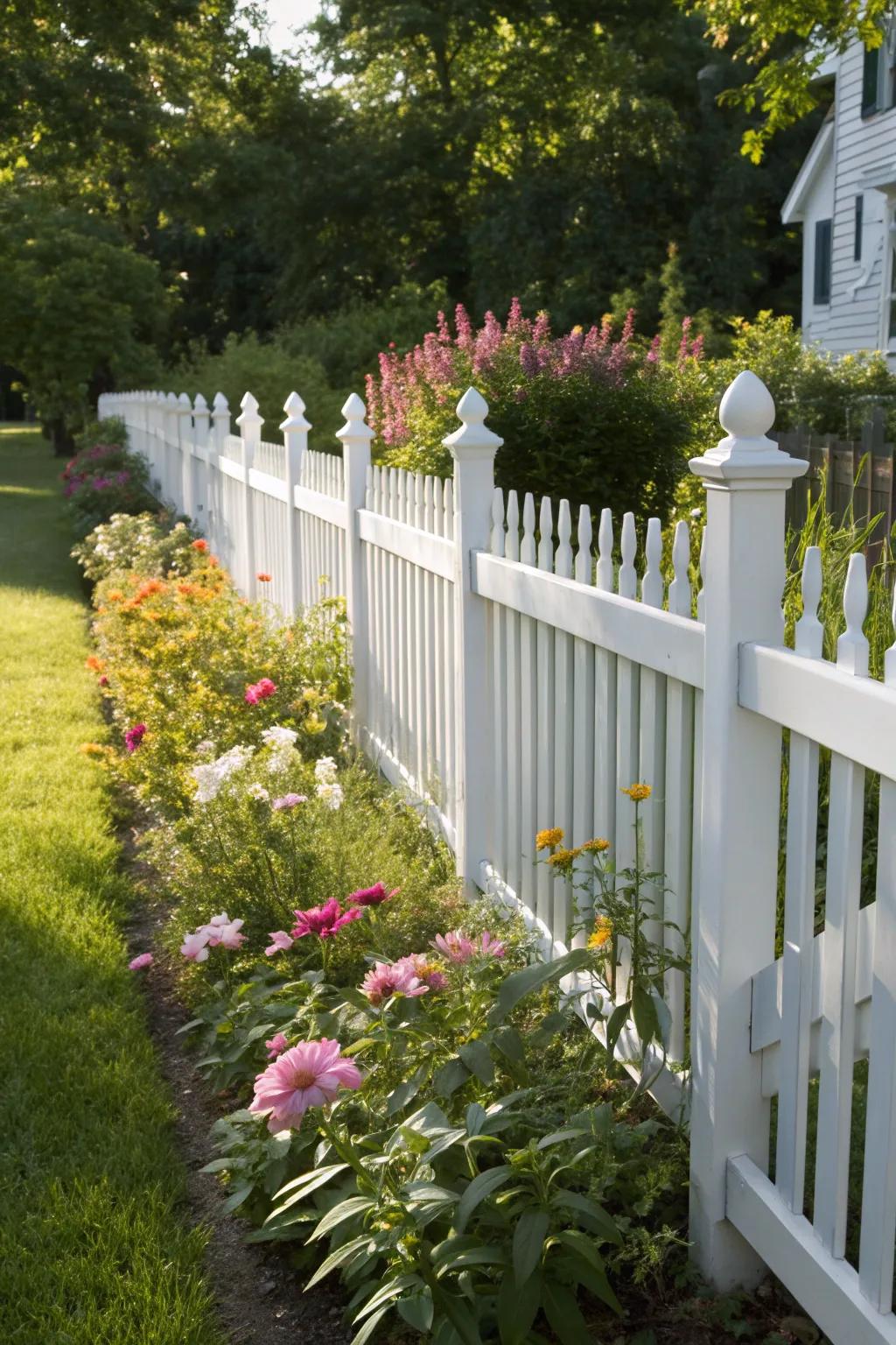 Embrace timeless refinement with an ivory fence, the perfect foundation for nature's vibrant palette.