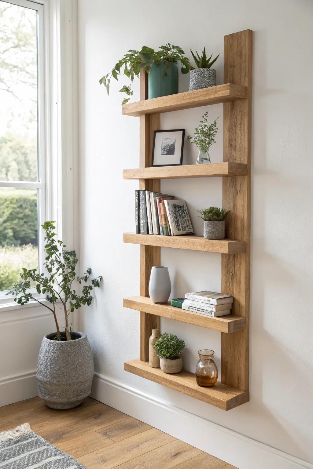Elevate your expanse with artful aerial bookshelves that inspire simplicity and ingenuity.