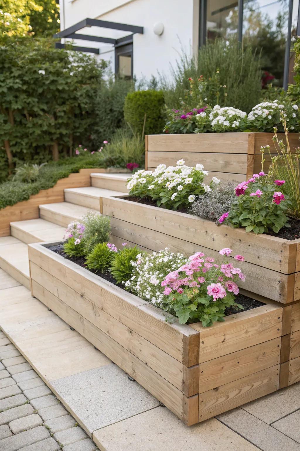 Heighten your yard’s splendor with tiered bordering that contributes profundity and elegance. 🌸✨