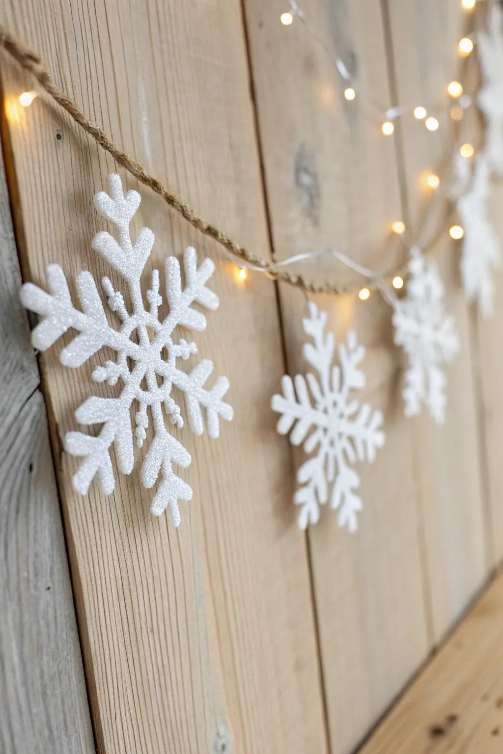 Elevate your celebratory decor with a hint of minimalist refinement via a self-made crafting foam snowflake chain.