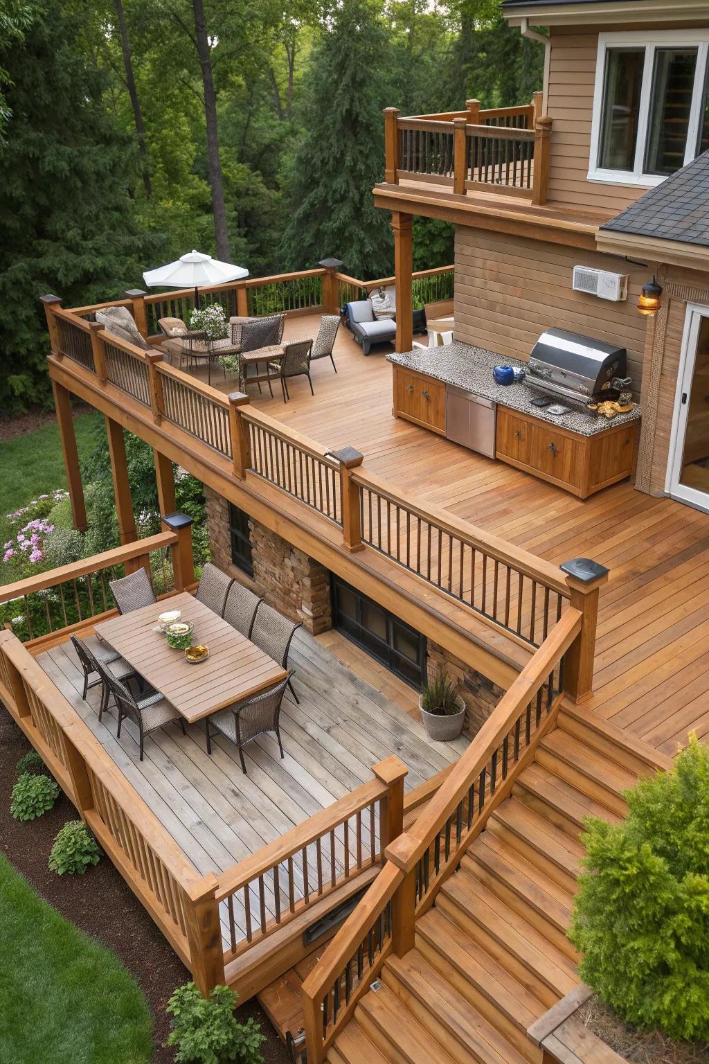 Enhance your outdoor lifestyle with a remarkable tiered deck, where artistry intertwines with ease.