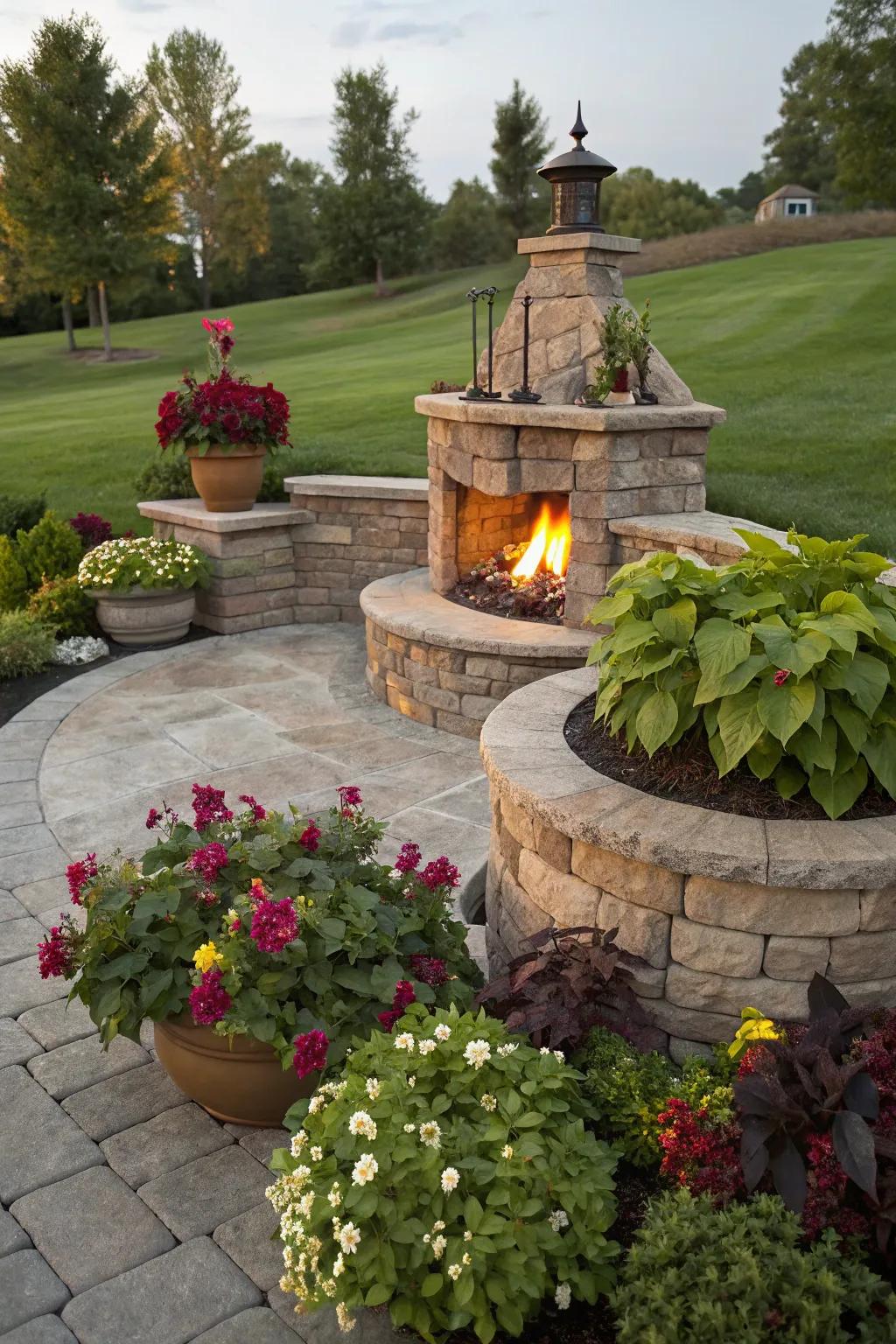 Transform your front garden into a vibrant oasis with a skillfully crafted stone hearth, exquisitely encircled by flourishing vegetation and colorful efflorescence.