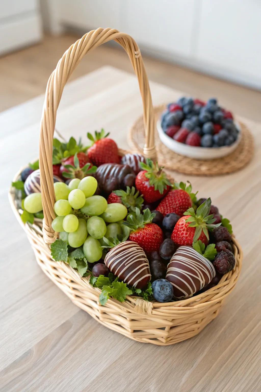 Indulge in elegance with chocolate-covered berry surprises nestled among nature's bounty.