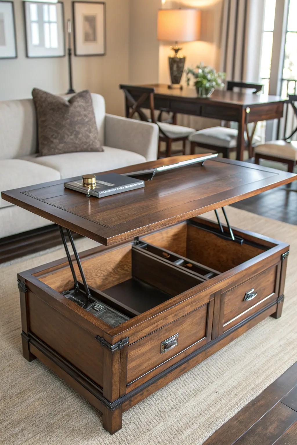 Enhance your living space with this expertly crafted convertible coffee table, perfect for game nights and stylish gatherings.
