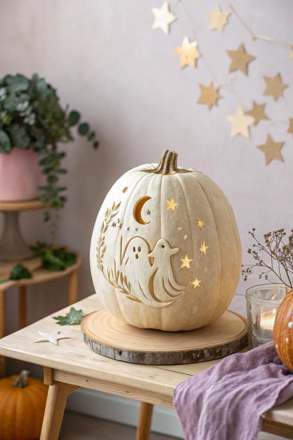 Enliven your autumnal evenings with this celestial soul gourd carving, a seamless fusion of minimalist refinement and bohemian allure.