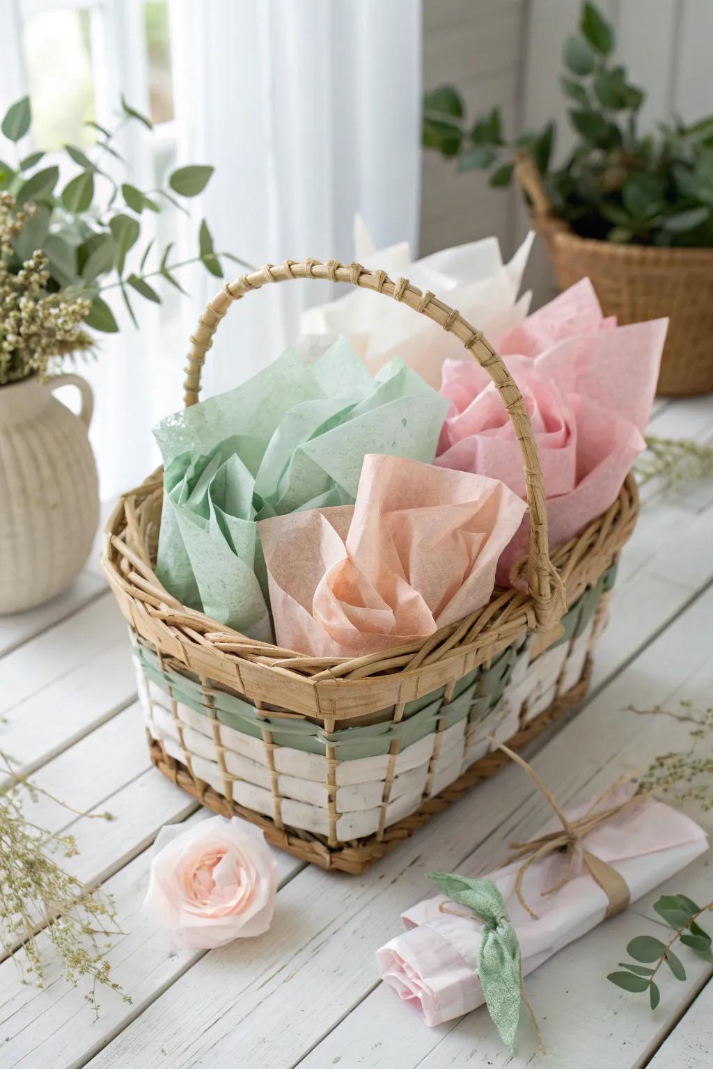 Add depth and dimension to your gift baskets with layers of soft, pastel paper adornments, ensuring an inviting and aesthetically pleasing touch.