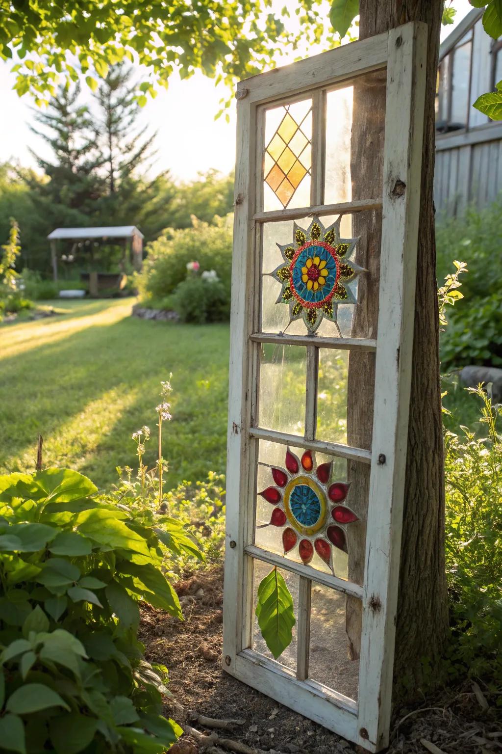 Transform your garden through a dash of colorful elegance leveraging repurposed framed glass compositions.