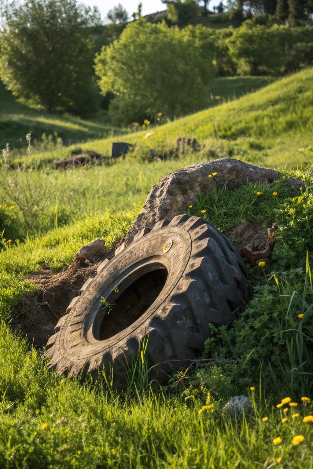 Elevate your goat's fun with a countryside tire mound, mixing nature with craftsmanship.