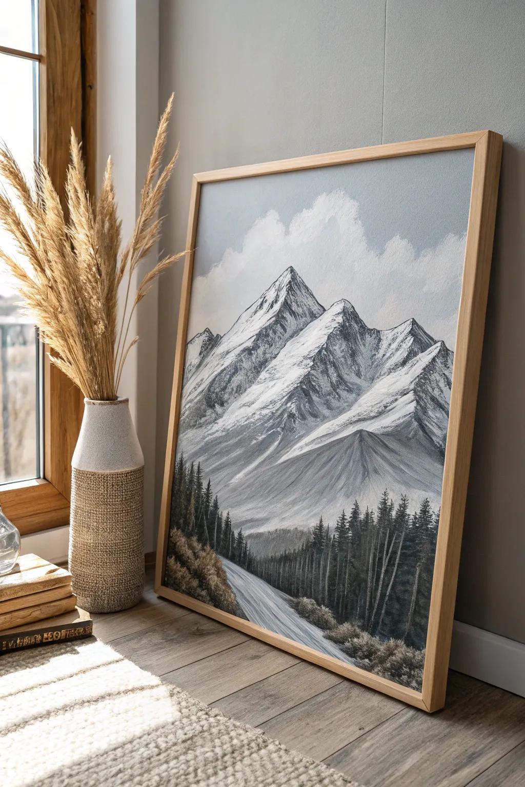 Elevate your area through the serene majesty of snow-capped alpine peaks in minimalist tones.