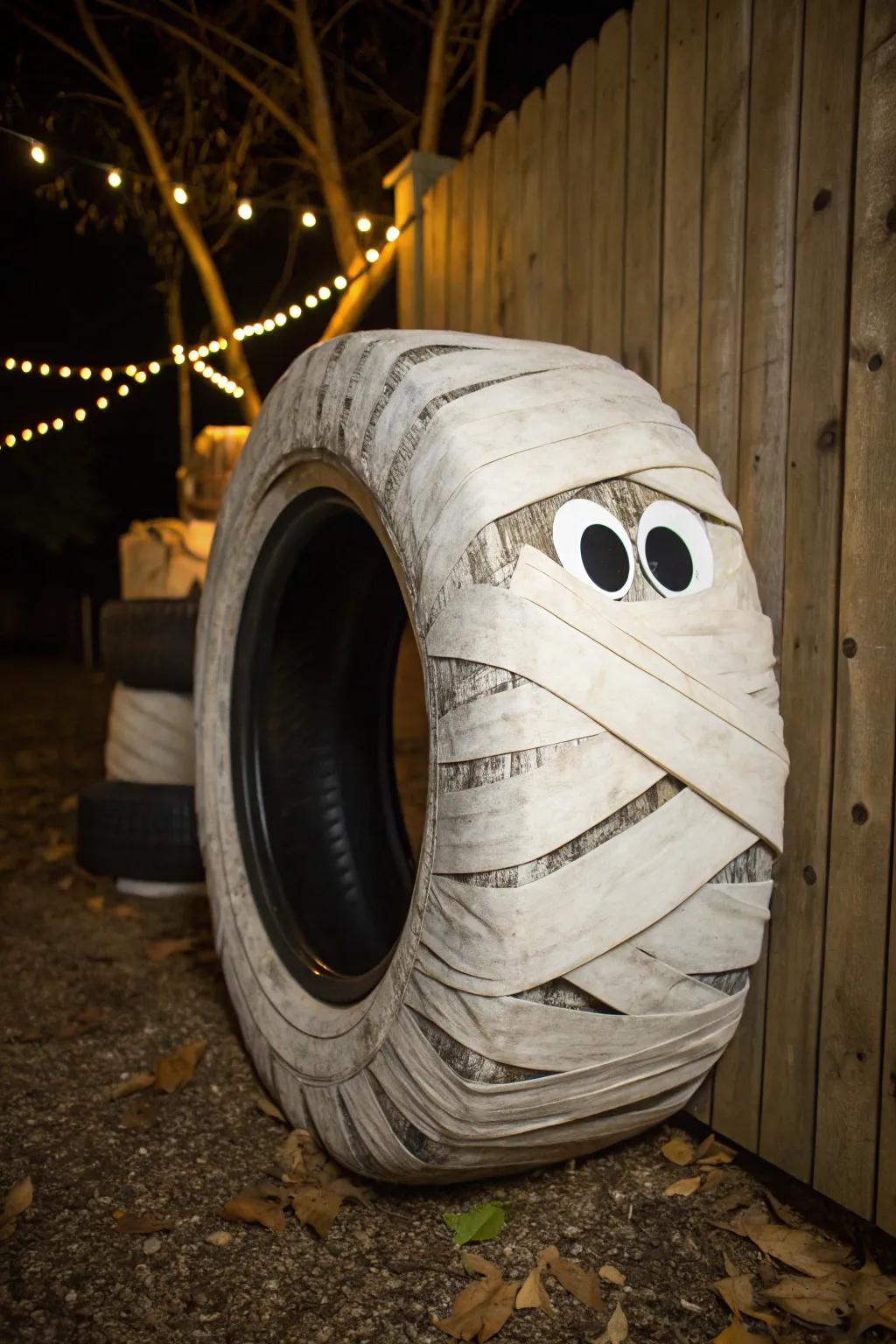 Showcase the spooky allure of the Tire Mummy for a Halloween yard that interweaves narratives of fun and fright.