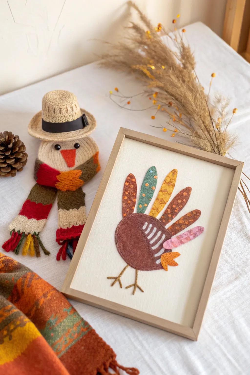 Cozy Creativity: Add a playful twist to your holiday decor with a whimsical turkey wearing a hat and scarf.
