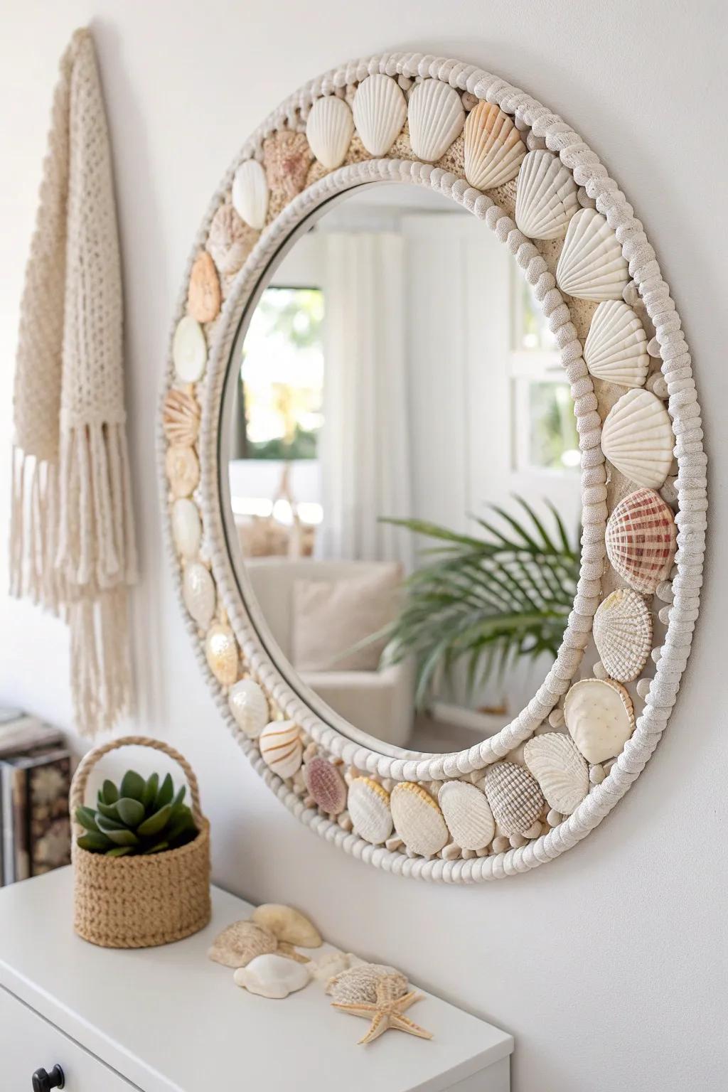 Revolutionize your space with the natural beauty of a handmade seashell reflector, where coastal charm meets minimalist refinement.
