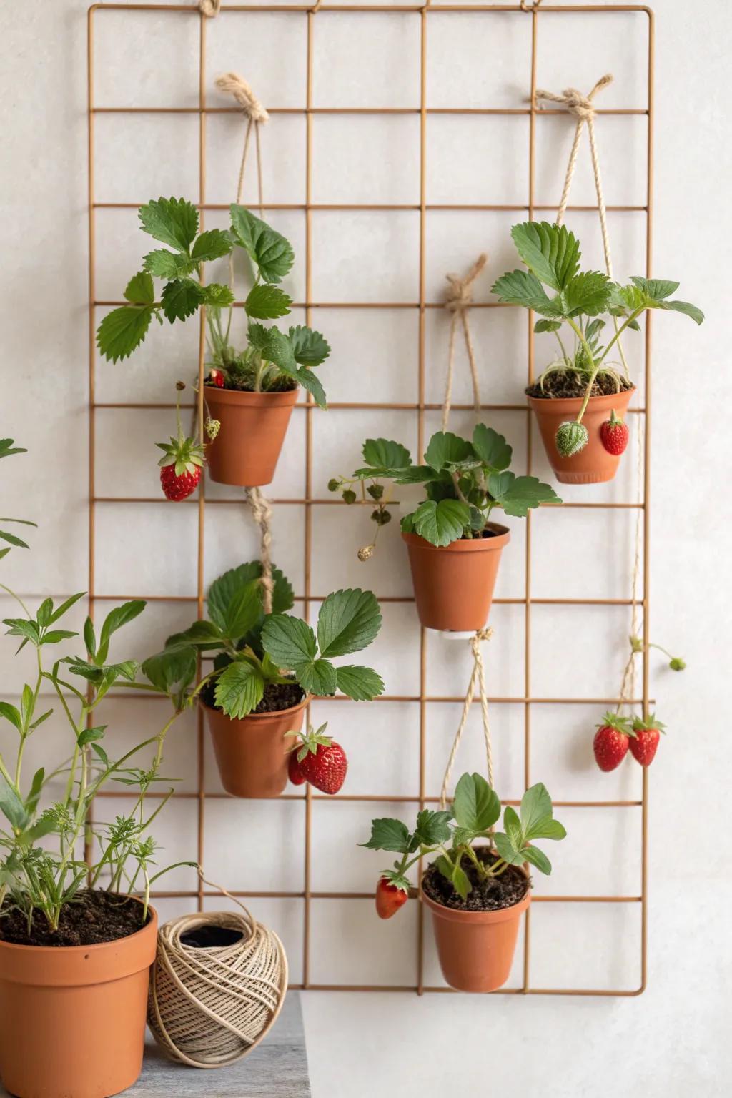 Enhance your area with a sophisticated wire wall trellis planter—perfect for cultivating strawberries with a Scandinavian flair.