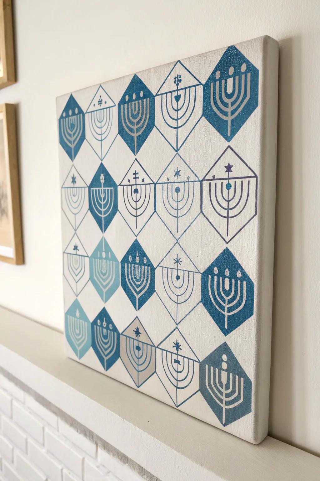 Celebrate Hanukkah with minimalist elegance: Dreidel pattern wall art in blue and silver.