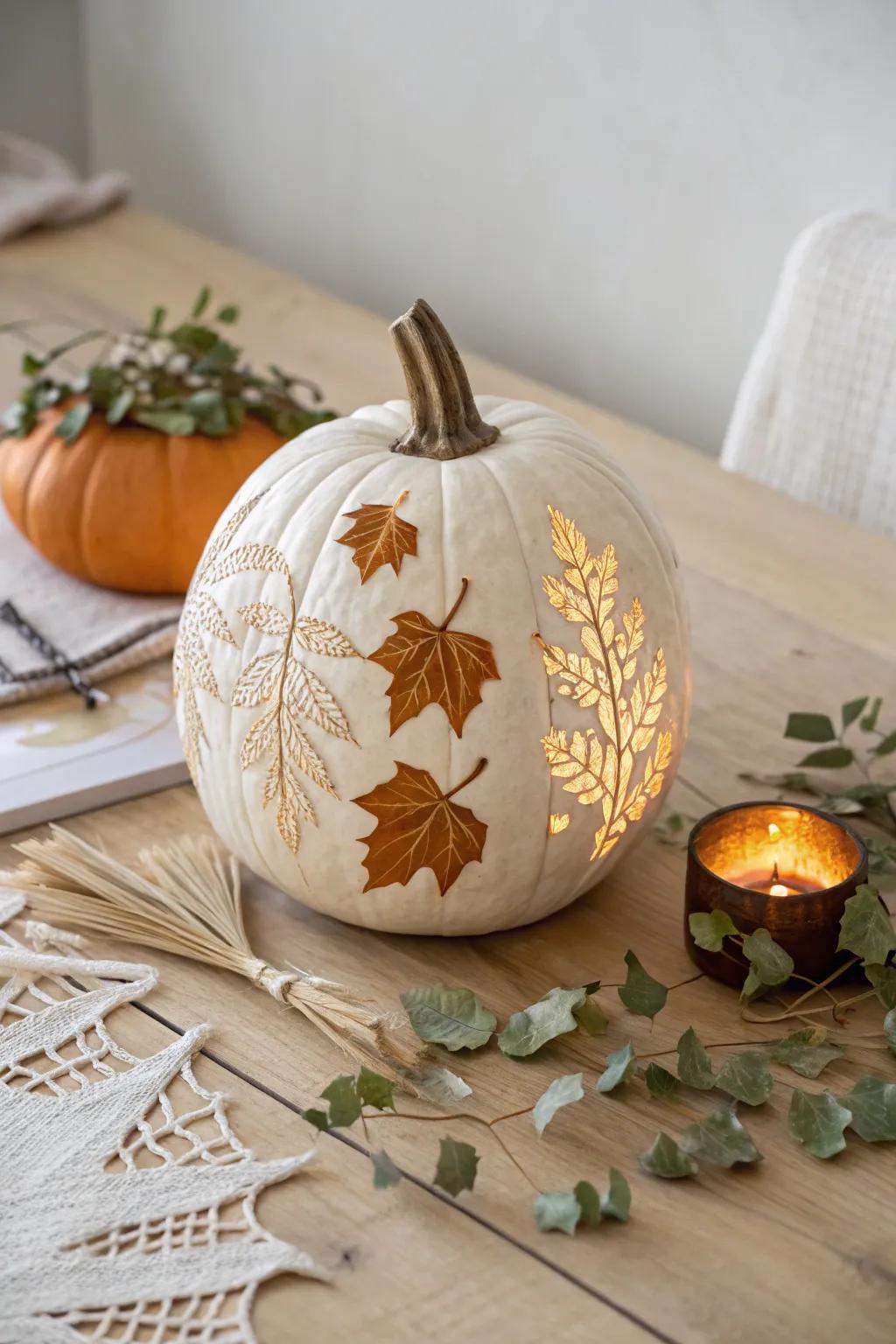 Embrace fall with a beautifully carved leaf-patterned pumpkin, where simplicity meets artistry.