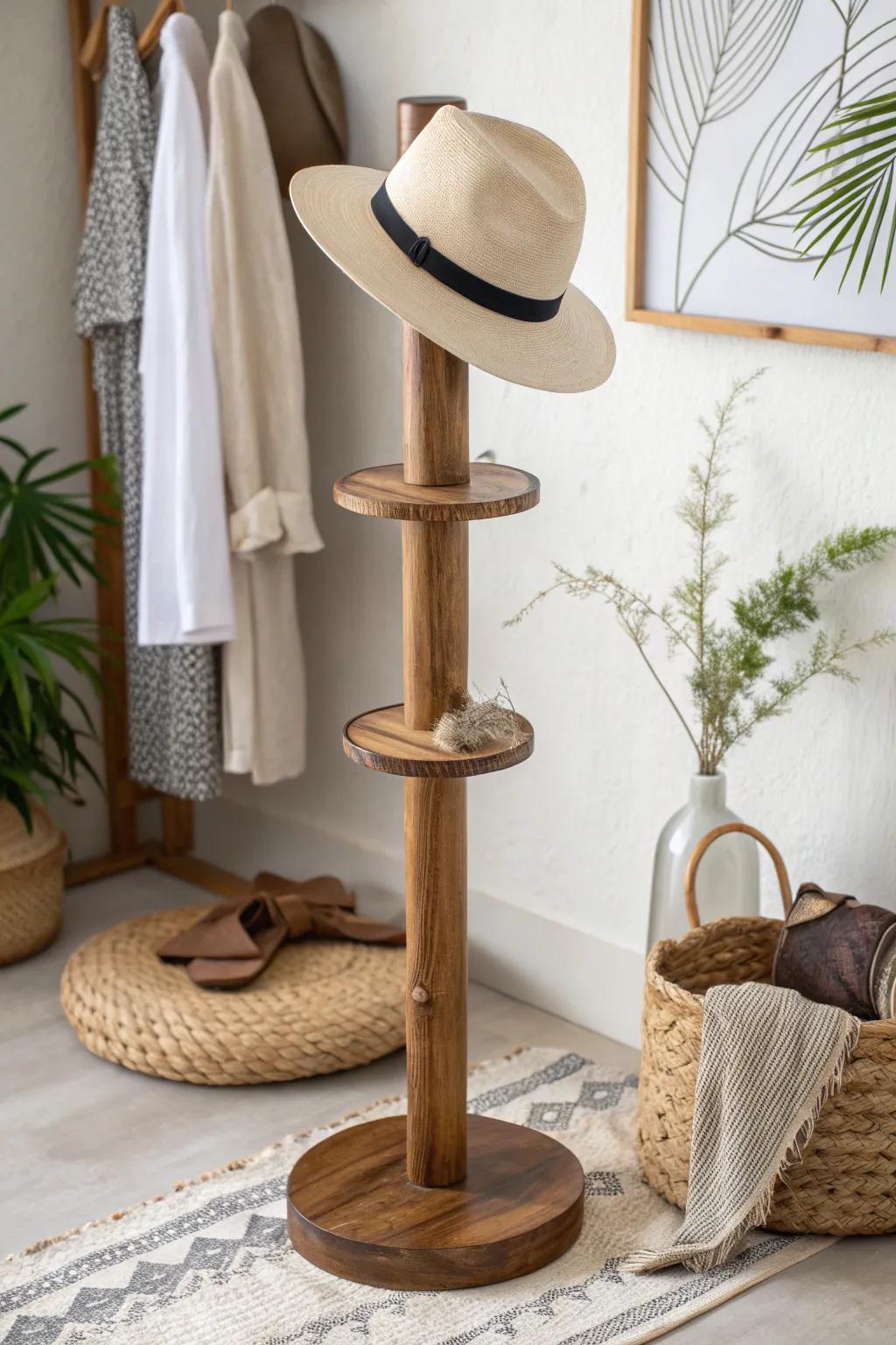 Enhance your craft fair presentation using the inherent allure of a handcrafted wooden hat support.