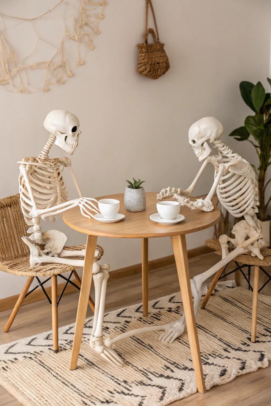 Osseous figures delighting in a chic tea gathering – where simple charm harmonizes with spooky amusement!