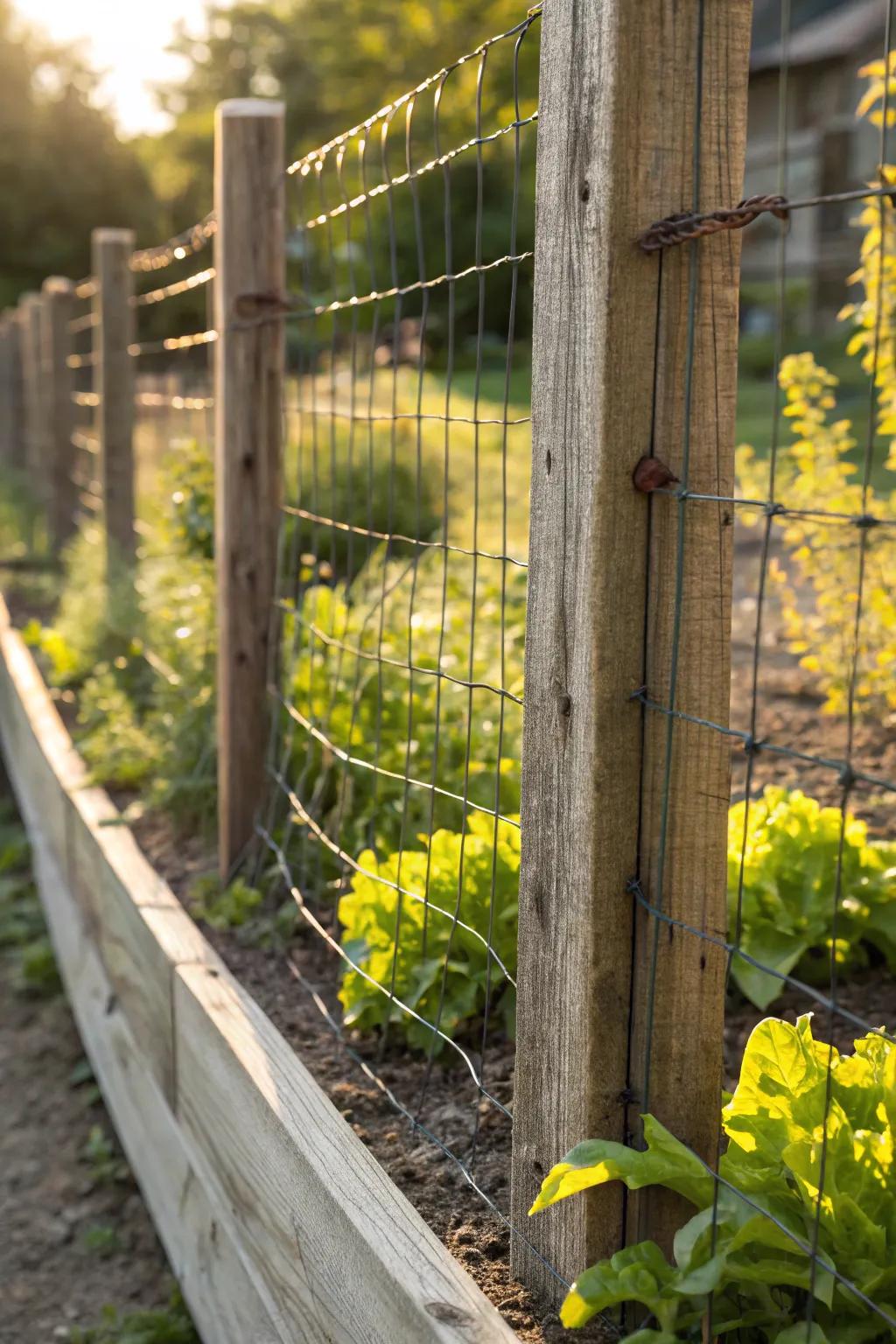 Enrich your garden's charm with a rustic hog wire fence, uniting resilience and aesthetic appeal.