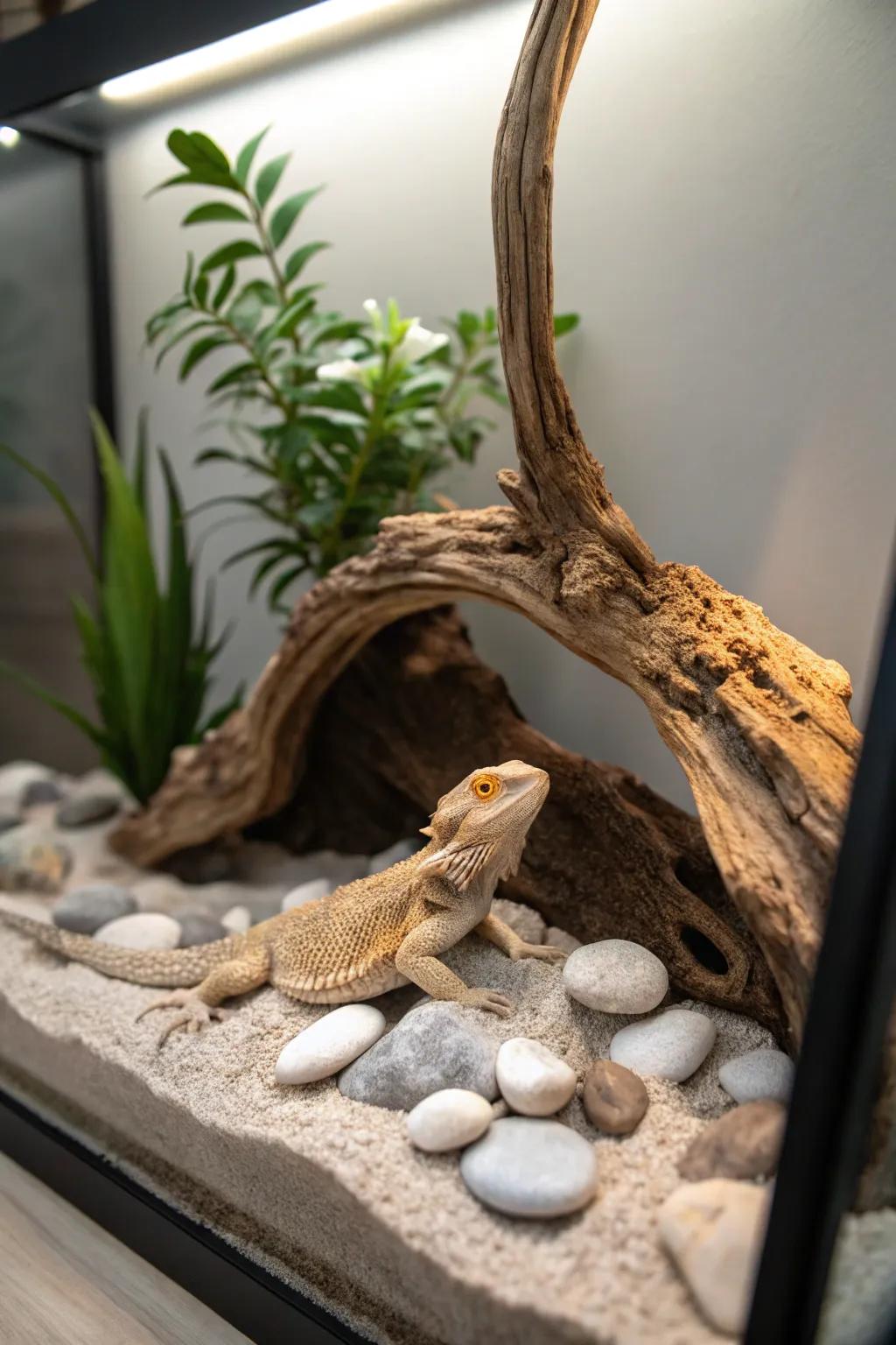 Embrace tranquil elegance through a minimalist aquascape-inspired bearded dragon tank.