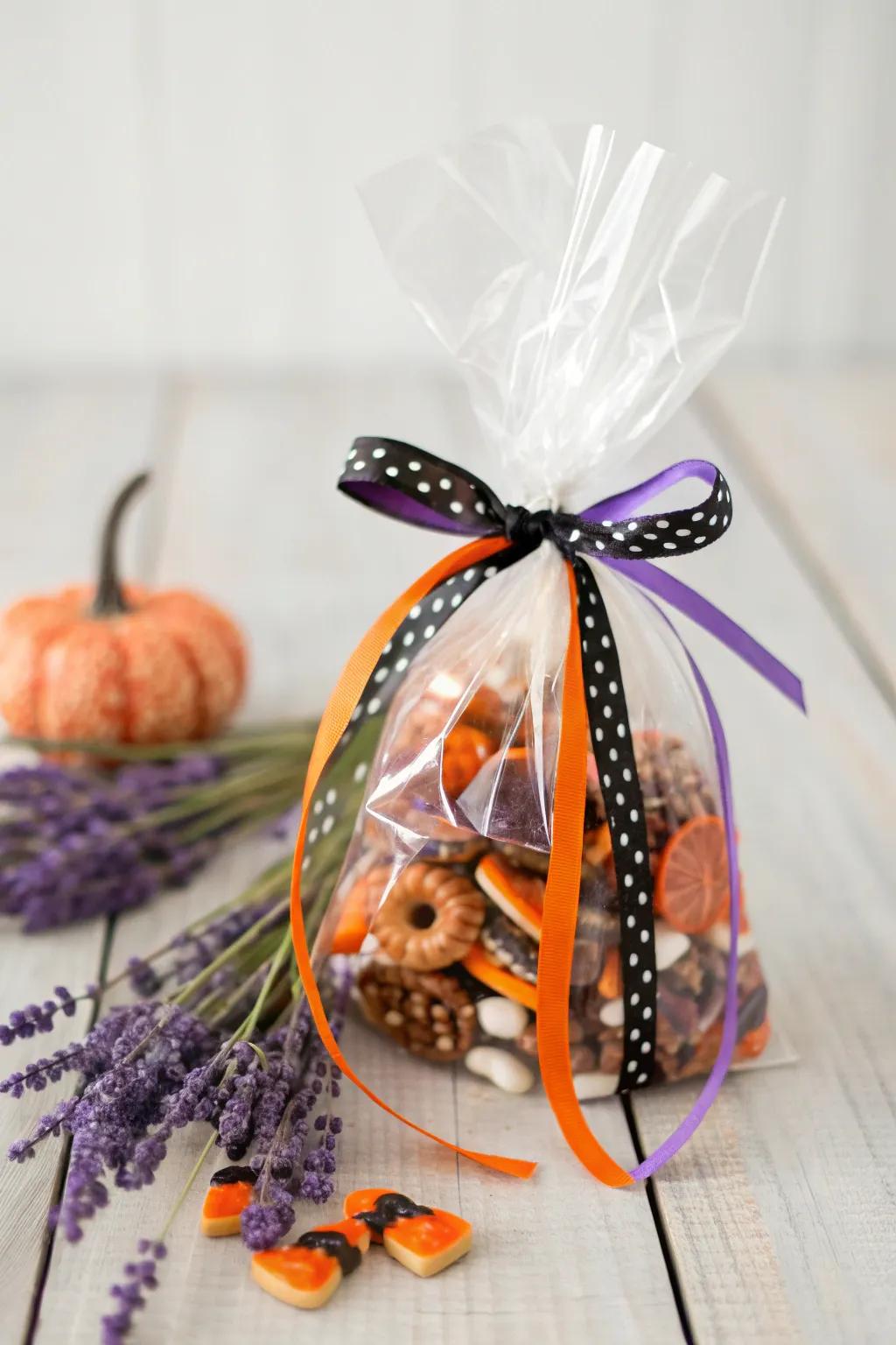 Elevate your Halloween with these charming ribbon-secured treat receptacles, where simplicity encounters vibrant elegance.