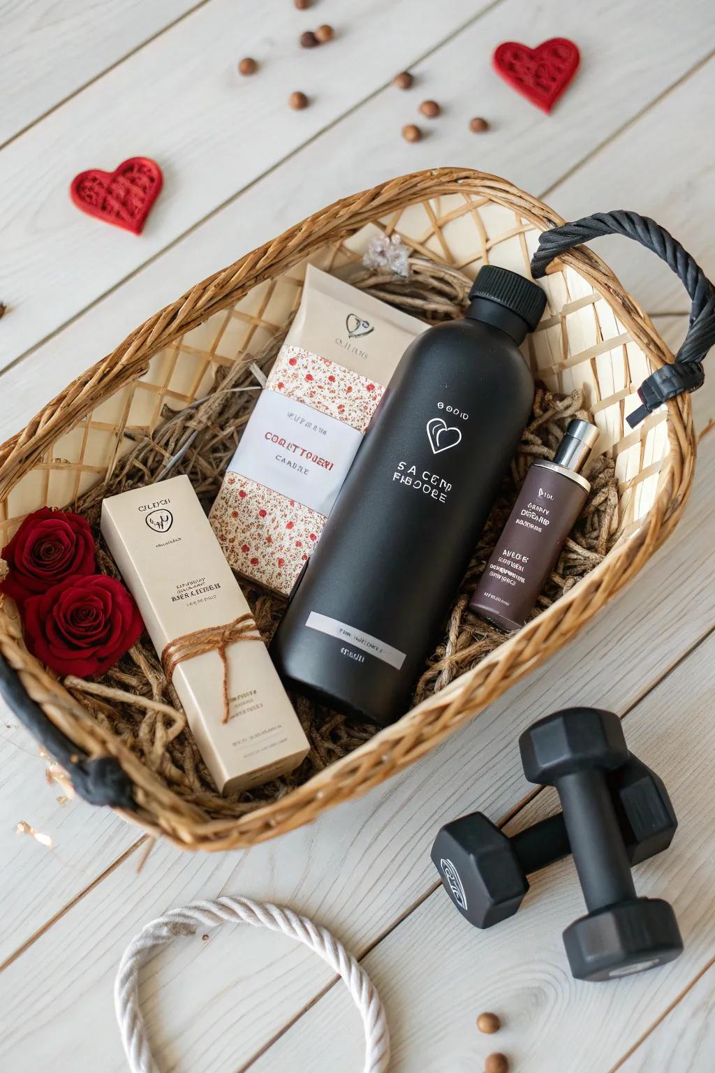 Show appreciation for his love of fitness with a carefully designed Valentine's Day basket, combining simple style with a personal touch.