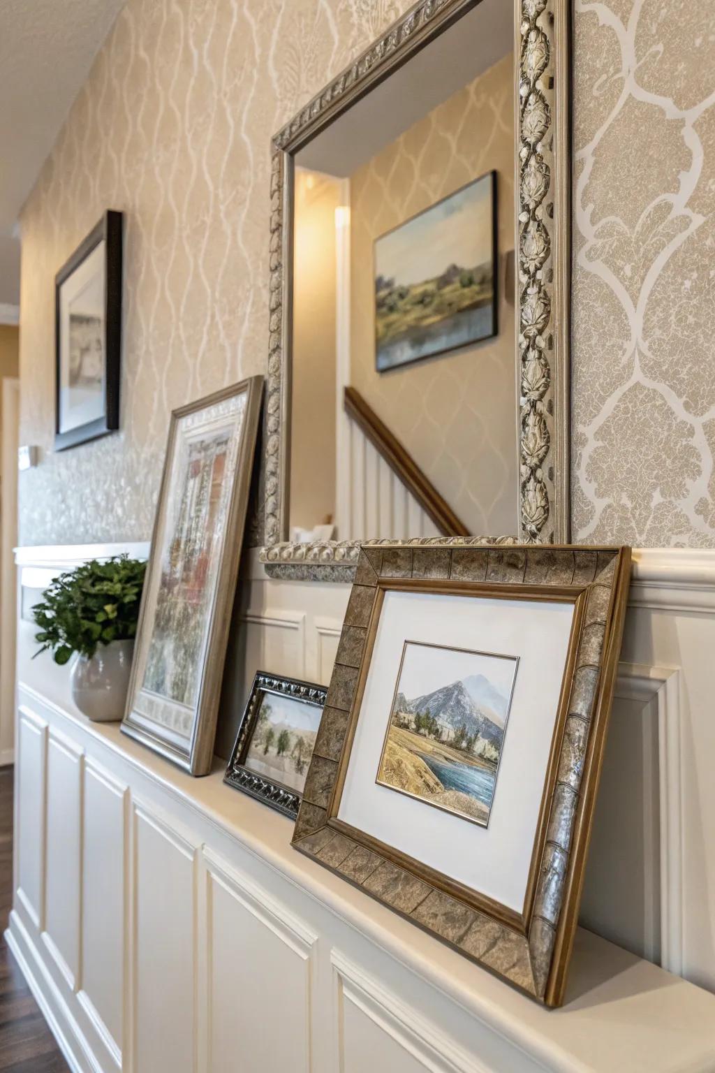 Assemble an artistic display with framed pieces upon your ledge.