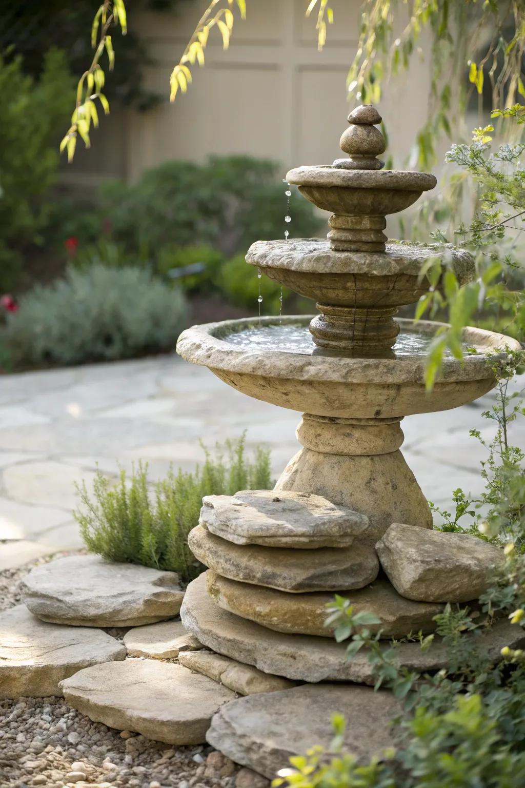 Embrace indigenous refinement through a tiered rock birdbath—wherein unpretentiousness converges with splendor within your garden.